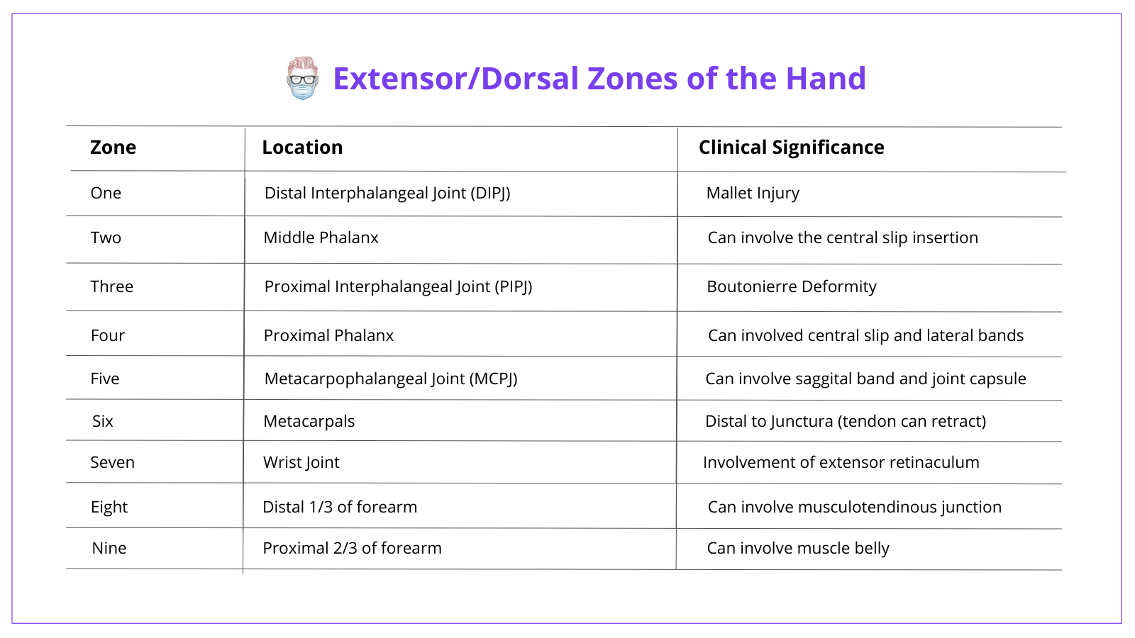 Extensor Zones of the Hand, Dorsal Zones of the Hand, Zone, 1, 2, 3, 4, 5, Thumb