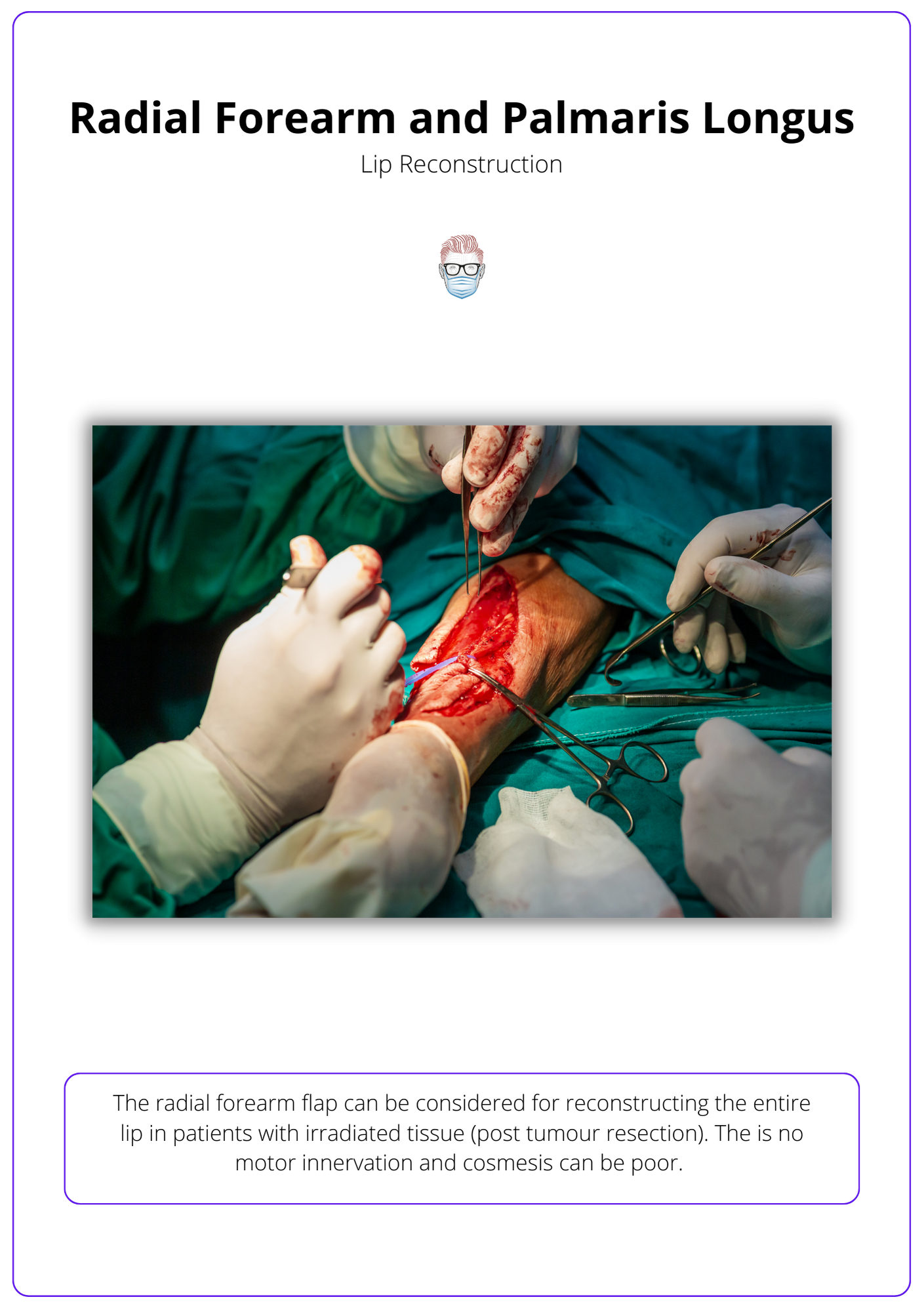 An intra-operative picture of a radial forearm flap being raised. The surgeons are in green and the patient has blood on their arm. This is for a lip reconstruction