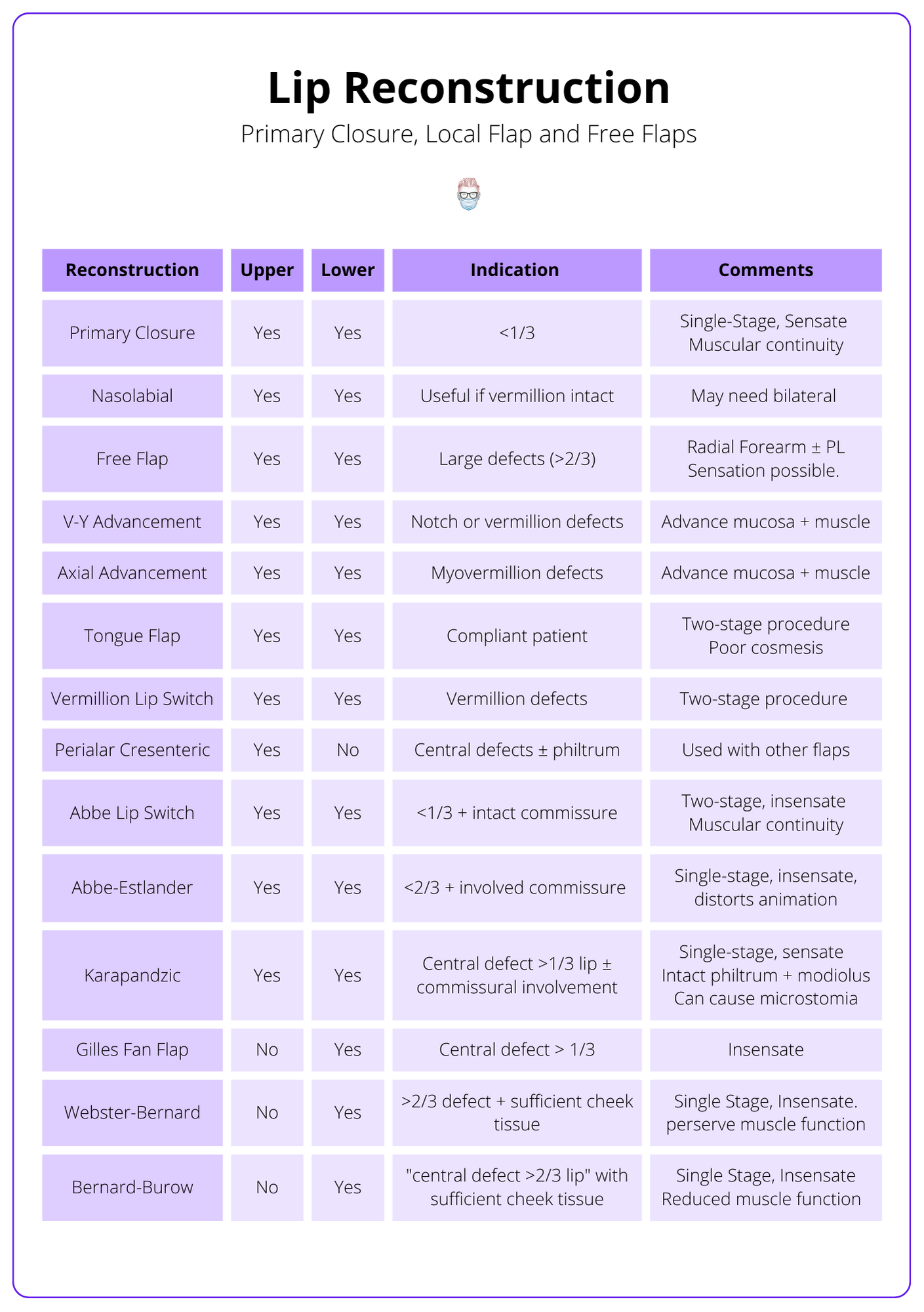 A table explaining the different types of lip reconstructions available to the upper and lower lip. Columns discuss their indications, limitations and benefits